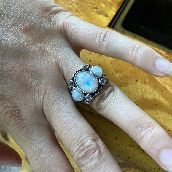 Natural Rainbow Moonstone White Topaz Sterling Silver Cocktail Ring Size 7 - Picture 4 of 9